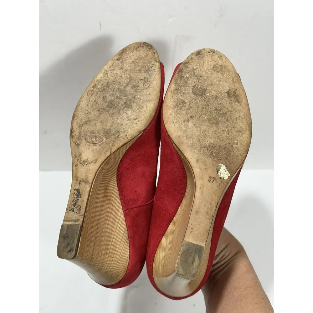 Tod's Crimson Red Suede Peep Toe Wedge Pumps Size 37 (US 7 ) Women's Shoes